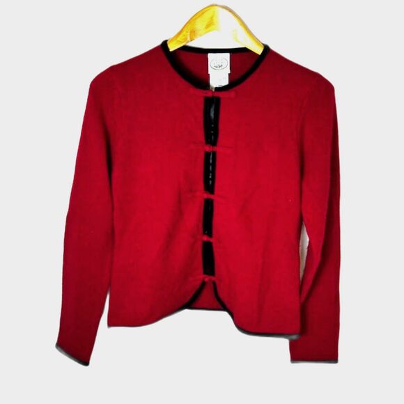 Laura Ashley Red Wool Angora Silk Black Velvet Trim LS Cardigan Sweater Size M - Picture 3 of 10